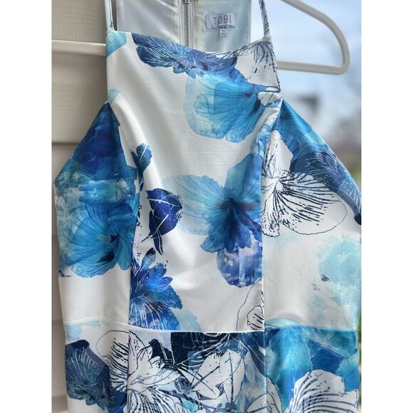 Womens Strappy Summer Dress Blue White Floral Pattern with Tulip skirt - Picture 3 of 8